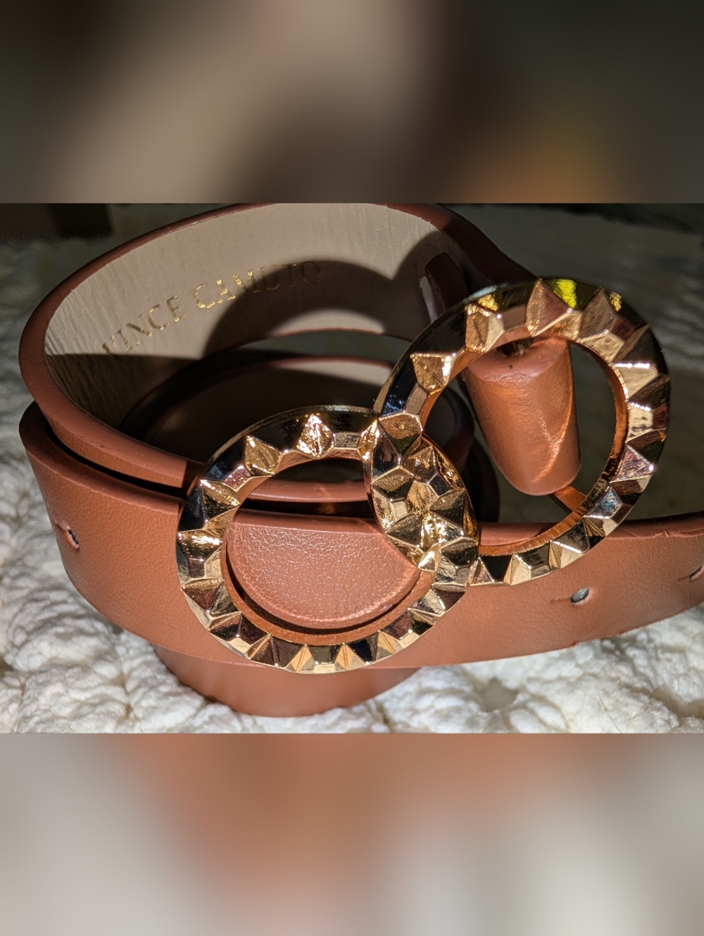 Vince Camuto Brown Leather Belt with Gold Double Ring Buckle